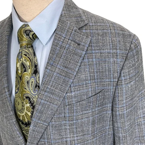 Joseph Abboud Blazer Mens 46R Gray Blue Plaid Heritage E Thomas Luxury Jacket